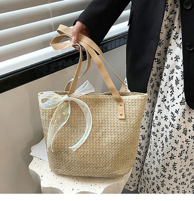 2022 Fashion Ladies Handbag Zipper Closure Large Capacity Striped Straw Beach Tote Bag
