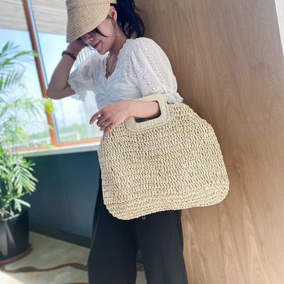 None Decoration Rattan Tote Bag Portable Women's Straw Handbag for Summer Holiday