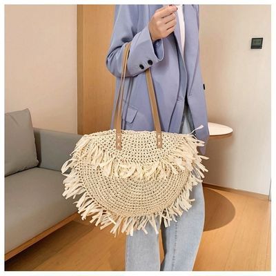Acceptable OEM/ODM Summer Semicircular Fringed Straw Shoulder Bag for Handmade Beach