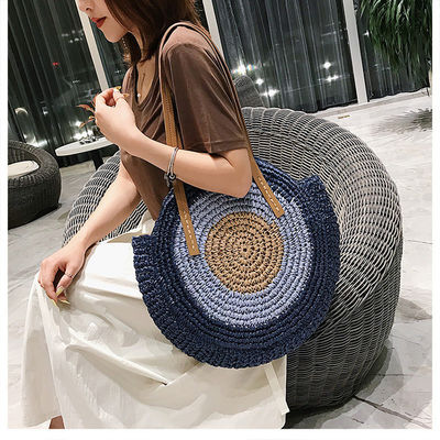 2022 Handwoven Round Beach Shoulder Bag Straw Bag with Leather Handle and Custom Logo