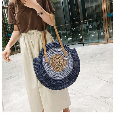 2022 Handwoven Round Beach Shoulder Bag Straw Bag with Leather Handle and Custom Logo