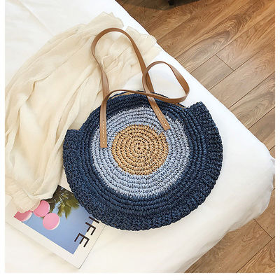 2022 Handwoven Round Beach Shoulder Bag Straw Bag with Leather Handle and Custom Logo