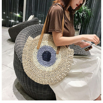 2022 Handwoven Round Beach Shoulder Bag Straw Bag with Leather Handle and Custom Logo