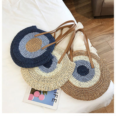 2022 Handwoven Round Beach Shoulder Bag Straw Bag with Leather Handle and Custom Logo