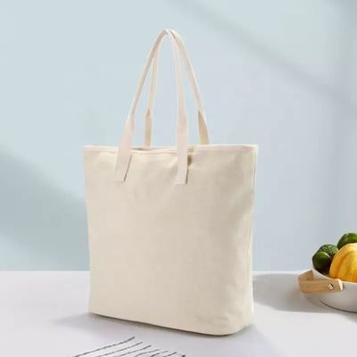 White Beach Shopping Tote Bags with Cotton Webbing Handle and Custom Printed Logo