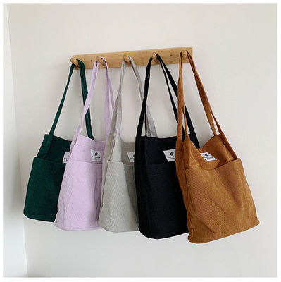 Trendy Large Custom Logo Letter Print Cotton Tote Bag Solid Color Corduroy Canvas Bag