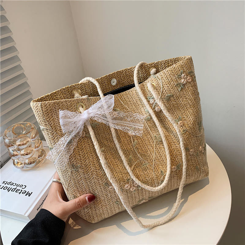 Beach Grass Woven Single Shoulder Tote Bag with Beautiful Bow in Customized Color