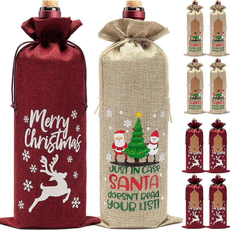 Reusable Jute Christmas Wine Bags for Wine Bottles Customized Letter Pattern Type