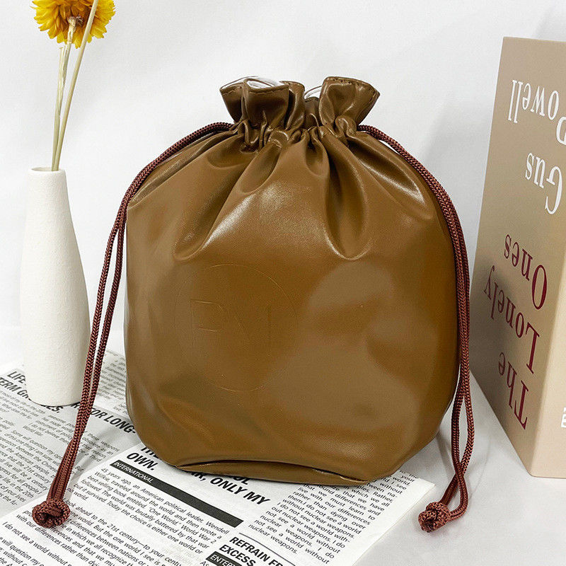 Custom Logo Printed PU Leather Drawstring Bag For Customized Color Cosmetic Packaging