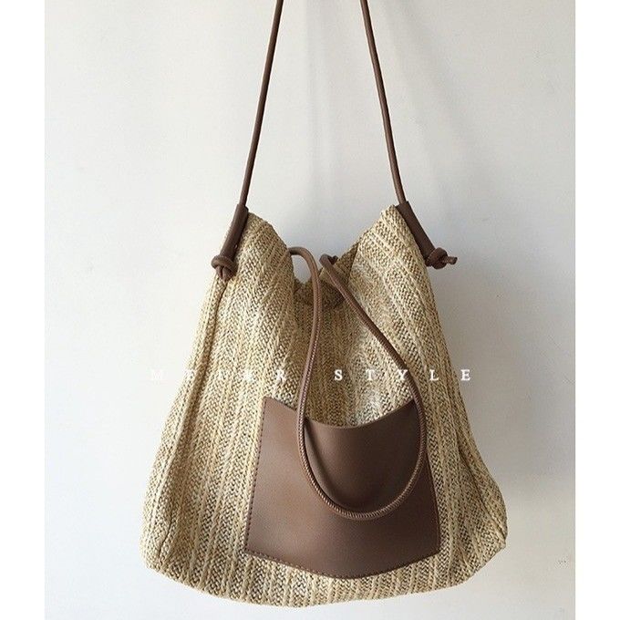 Polyester Lining Handmade Woven Straw Bag Large Tote Shoulder Crossbody Bag for Women