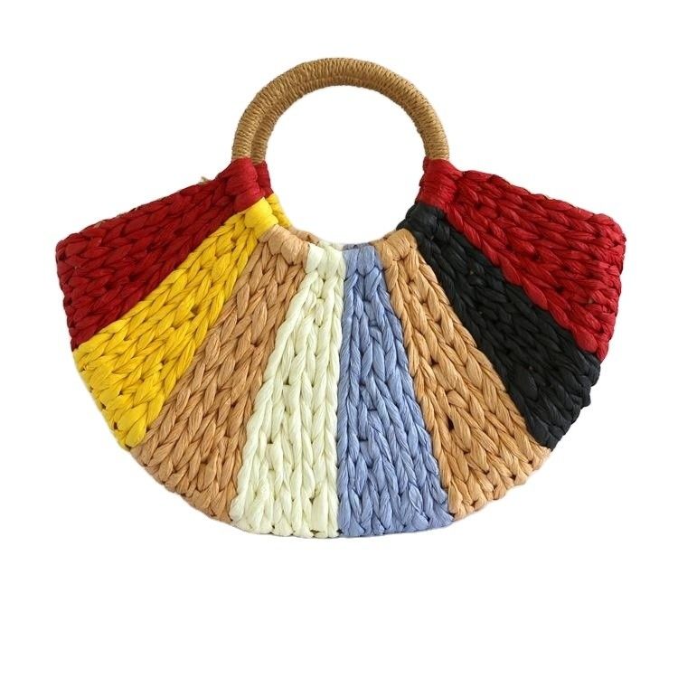 Rainbow Gift Bags Collection Eco Handmade Rattan Woven Straw Tote Bag with Open Closure