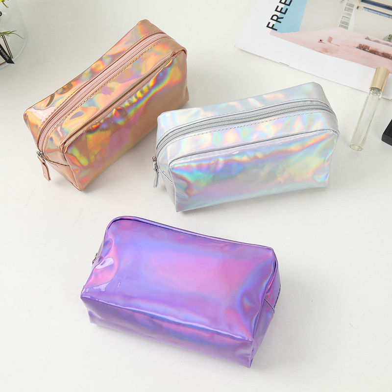 PU Cosmetic Bag Custom Logo Holographic Silver Purple Waterproof Zipper Pouch Rose Gold Makeup Bag Fashion