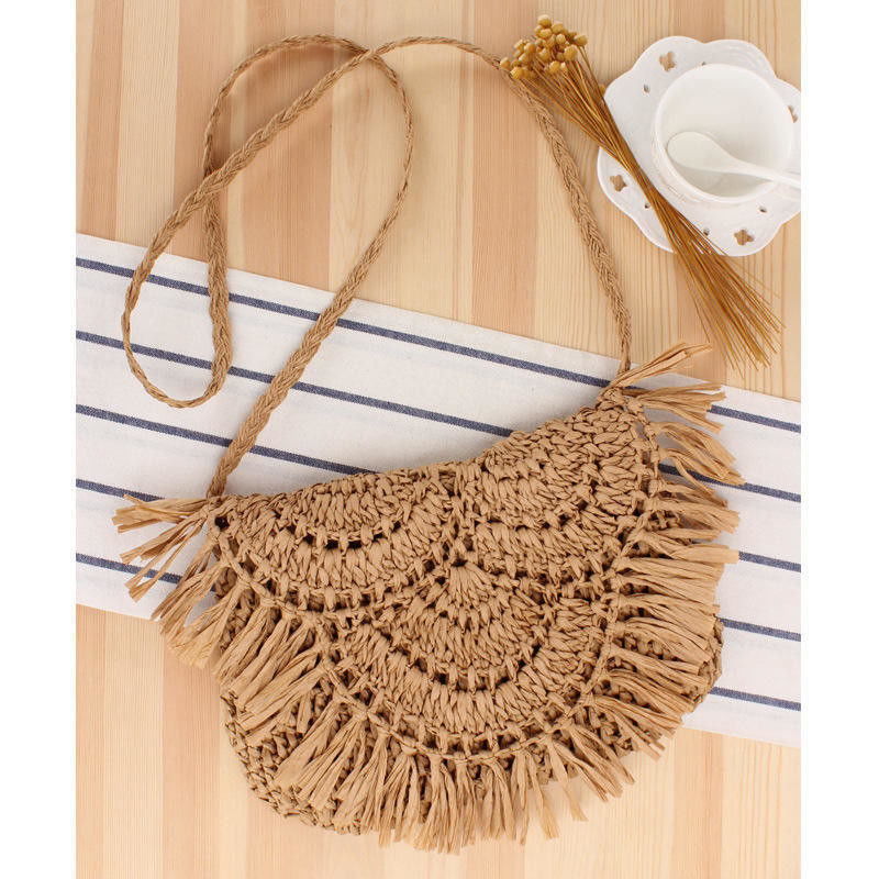 Handmade Tassel Beach Bag Raffia Rattan Crossbody for Women's Summer Travel Vacation