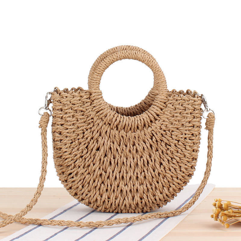 Customized Logo One-shoulder Woven Beach Straw Bag for Women in Simple Round Design