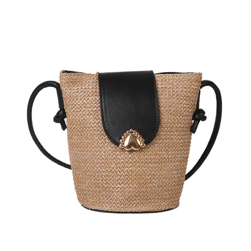 Summer Style Designer Handmade Round Straw Woven Beach Bucket Bag for Women's Handbag