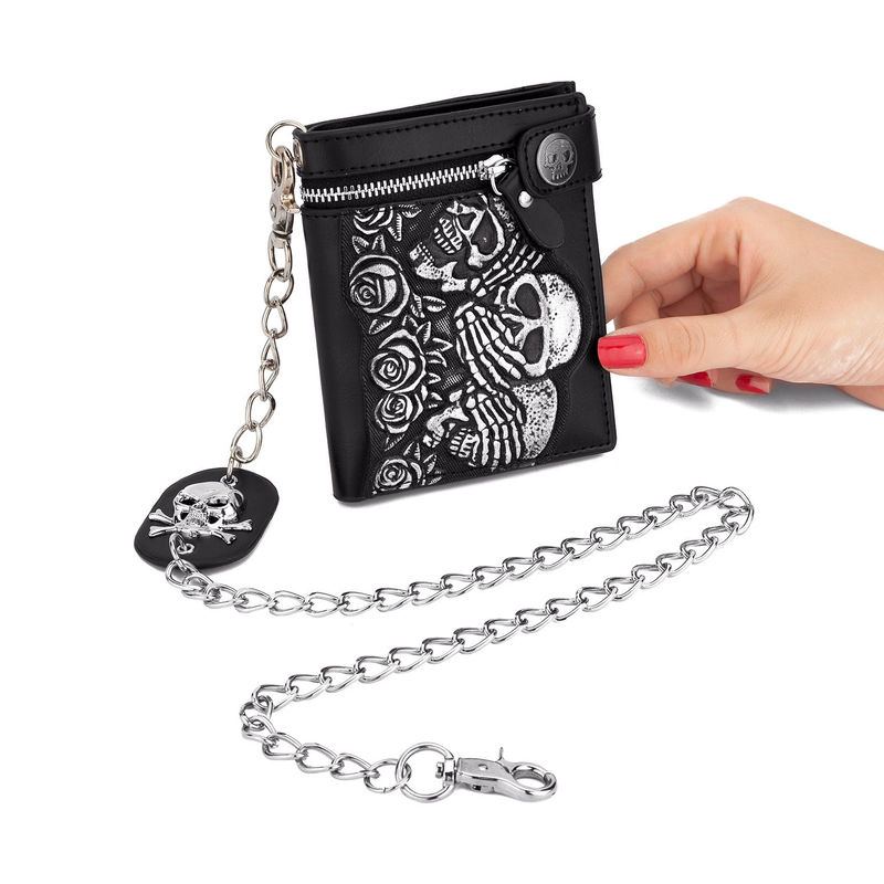 Fashionable Rose Skull Anti Theft Chain Strip Short and Long Wallet Leather Punk Wallet