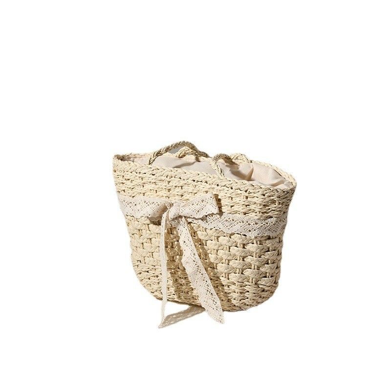 Open Closure Customized Color Straw Bag Lace Bow Woven Bag for Seaside Vacation Beach Women