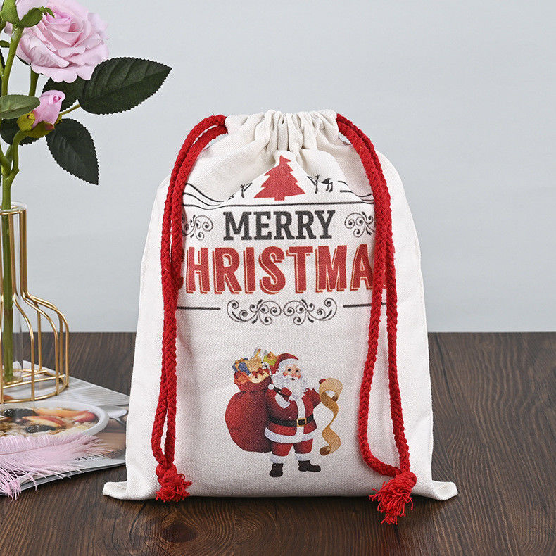Customized Logo 2022 Christmas Drawstring Sacks 100% Cotton Santa Stockings Candy Nuts Gift Package Bag