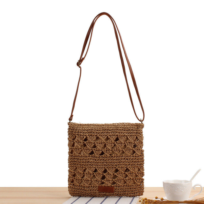 Summer Beach Woven Crossbody Straw Bag For Women with Polyester Lining and Open Closure