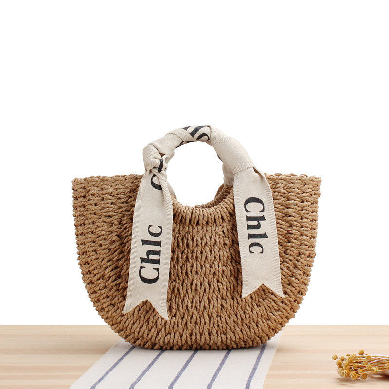 Custom Logo Accepted Silk Scarf Travel Holiday Bag with Portable Straw Woven Material