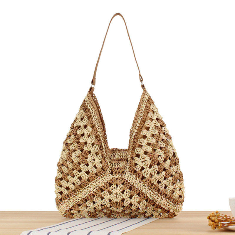 Women's Eco-friendly Handwoven Beach Bag with Hollow Out Flower Design and PU Leather Strap