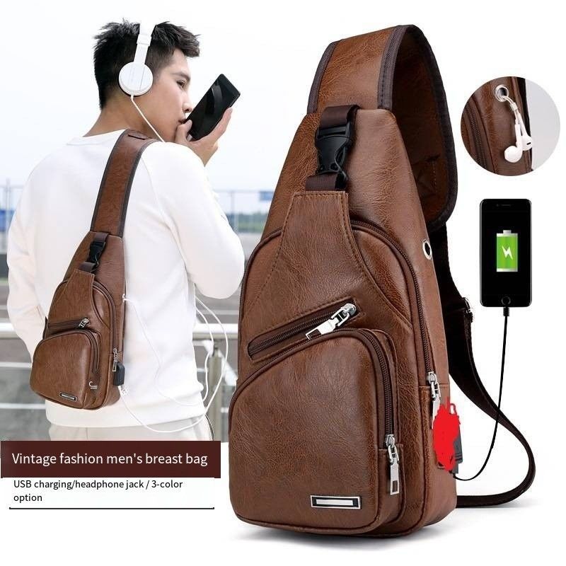 Customized Size Newest Fashinable Mens PU Leather Chest Bags with USB Charging Port