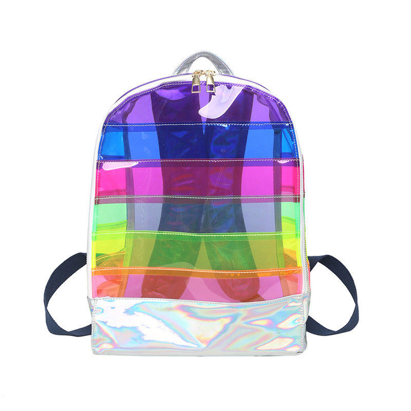 Stylish Transparent PVC Backpack Women's Jelly Stripe Stitching Rainbow Hologram for Daily