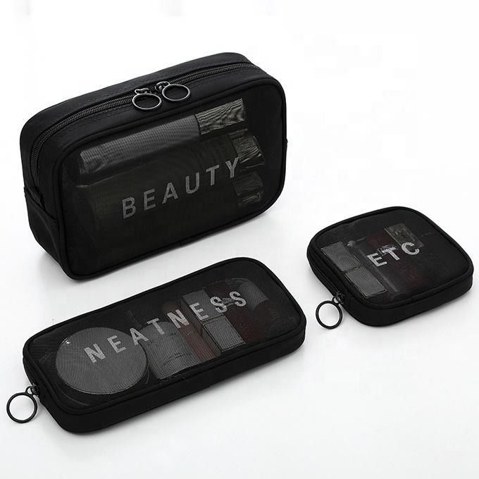 Solid Pattern Type Nylon Mesh Toiletry Makeup Cosmetic Bag Set with Custom Letters Logo