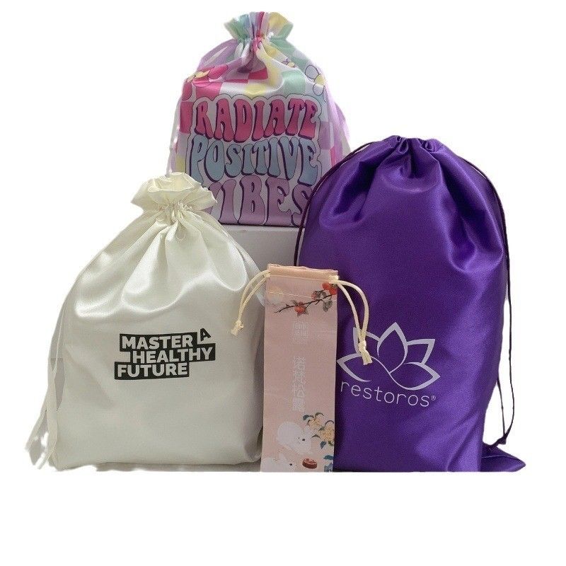 Custom Logo Satin Drawstring Bag for Hair Wig Storage and Large Silk Gift Packaging