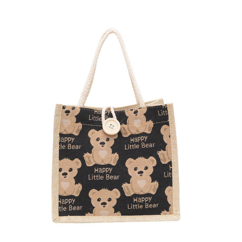 Customized Lovely Cartoon Bear Printed Plain Cotton Canvas Grocery Shopping Jute Tote Bag
