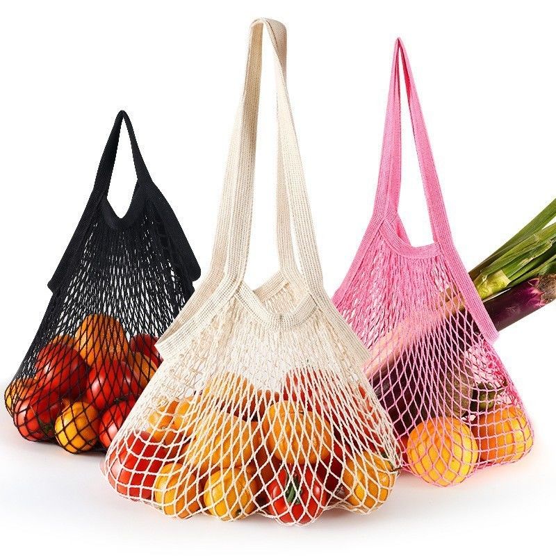 Long Handle Tote Bag for Shopping Fruits and Vegetables made of Reusable Organic Cotton