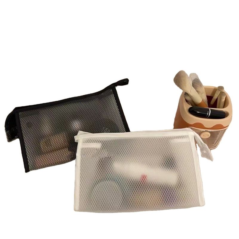 Custom Simple Nylon Mesh Makeup Bag for Toiletry and Cosmetic Storage in Black Color