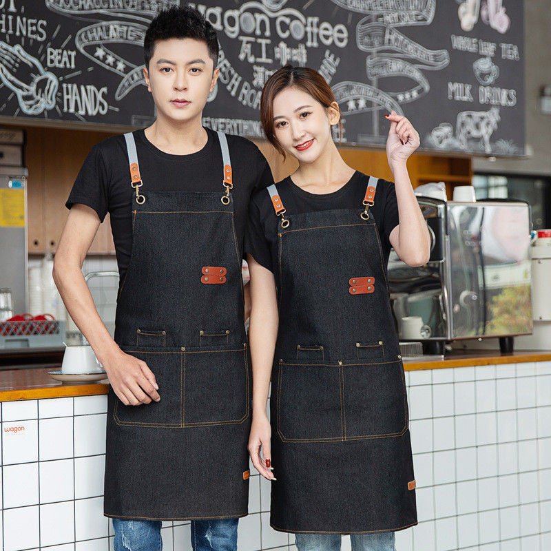 Custom Logo Printed Cotton Denim Bib Apron Ideal for Busy Restaurant Bar Environments