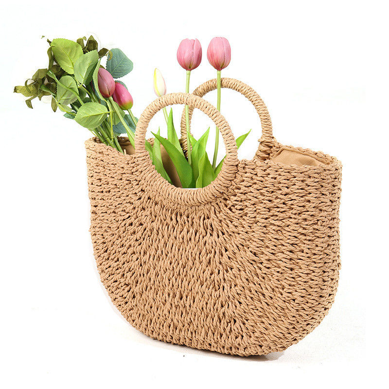 Medium Size Straw Beach Tote Bag with Bali Fashion Print and Cartoon Pattern Design