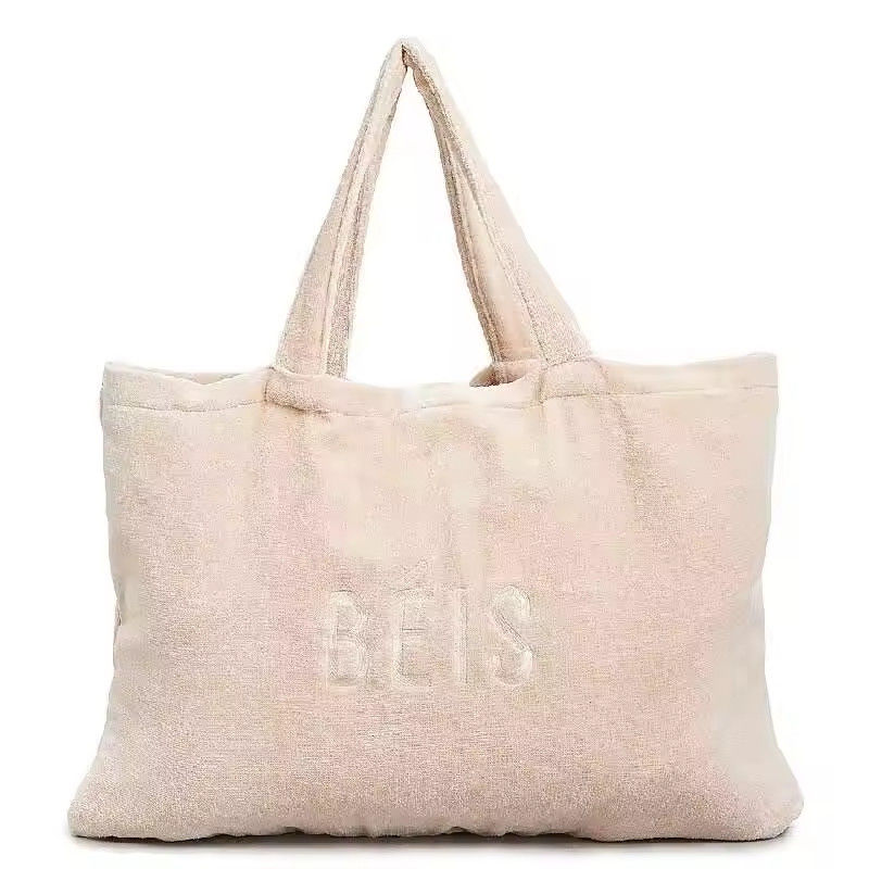 Women Towel Tote Bag Custom Embroidered Large Pink Terry Cloth Carry Shopping Beach Bag
