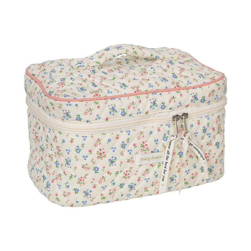 Lightweight Blue Gingham Makeup Pouch for Women Cute Travel Small Floral Cosmetic Bag