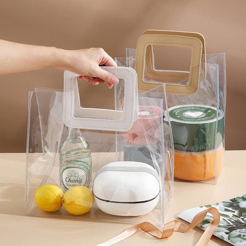 Leather Handle Reusable Handbag Transparent PVC Plastic Gift Wrap Tote Bag for BEACH BAG