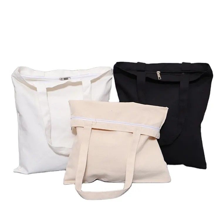 Custom Design Natural Color 100% Cotton Canvas Tote Bag With Zipper for Eco Shopping