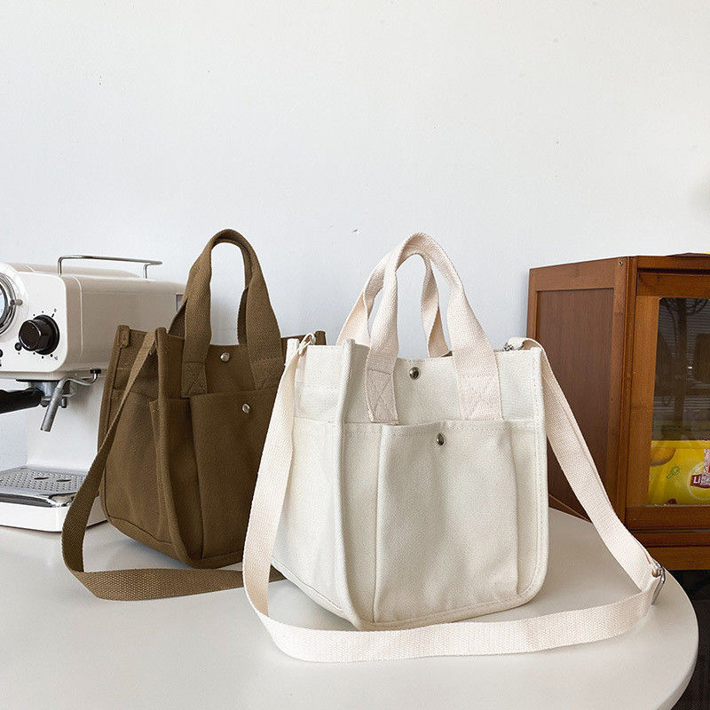 Gifts Durable Cotton Canvas Shopping Tote Bag with Crossbody Strap and Multiple Pockets