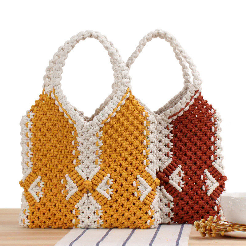 Polyester Lining Summer Straw Beach Bag for Women Handmade Woven Bohemian Knitted Purse