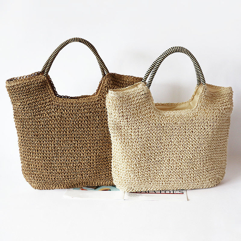 Polyester Lining Material Handmade Women's Straw Shoulder Bag for Summer Beach Large Tote Bag