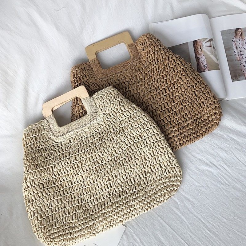 None Decoration Rattan Tote Bag Portable Women's Straw Handbag for Summer Holiday
