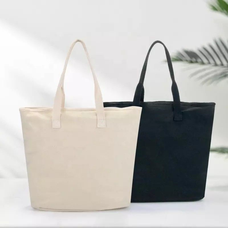 White Beach Shopping Tote Bags with Cotton Webbing Handle and Custom Printed Logo