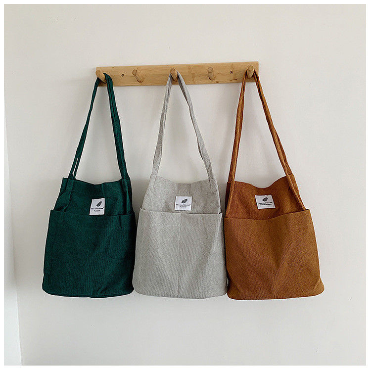 Trendy Large Custom Logo Letter Print Cotton Tote Bag Solid Color Corduroy Canvas Bag