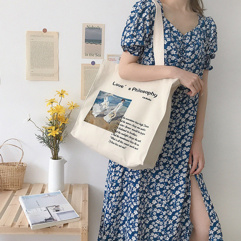 Customized Letter Print Cotton Tote Bag for Medium-Sized Grocery Shopping Necessities