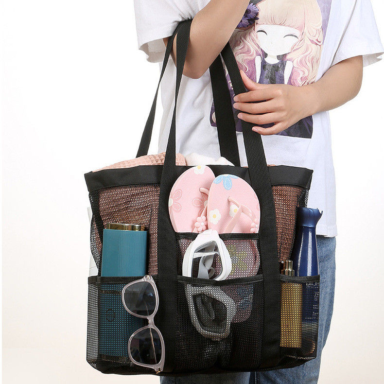 Custom Logo Black Shell Collection Large Nylon Portable Mesh Beach Tote Bag for Women